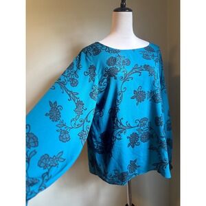 Boho whimsigoth cottage XL Floral Blouse Teal Blue black Long Sleeve paisley Top